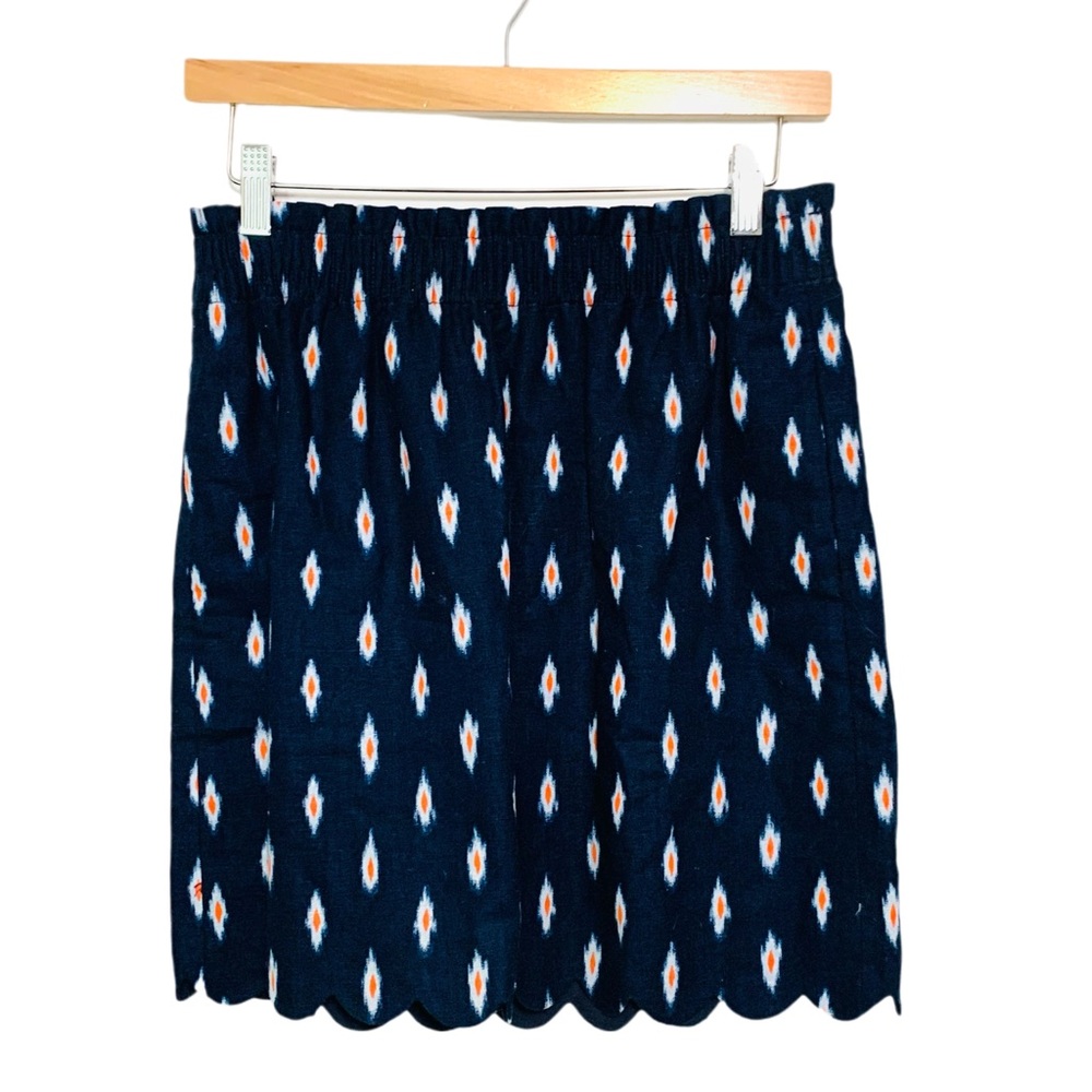J Crew Ikat Printed Scalloped Sidewalk Skirt Size 4 Linen Blend Navy Blue - Picture 2 of 12